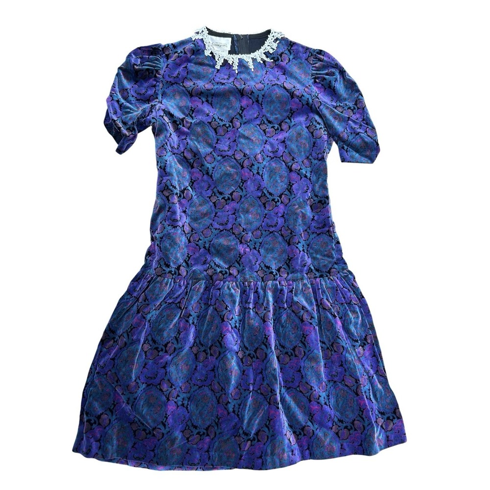 Vintage Girls Bonnie Jean Velour Dress Sz‎ 14 Teen 80s Purple Floral Cottagecore